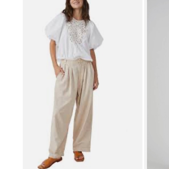 Free People Lotta Love Pleated Wide Leg Cotton Pants In Pebble. - Picture 2 of 12